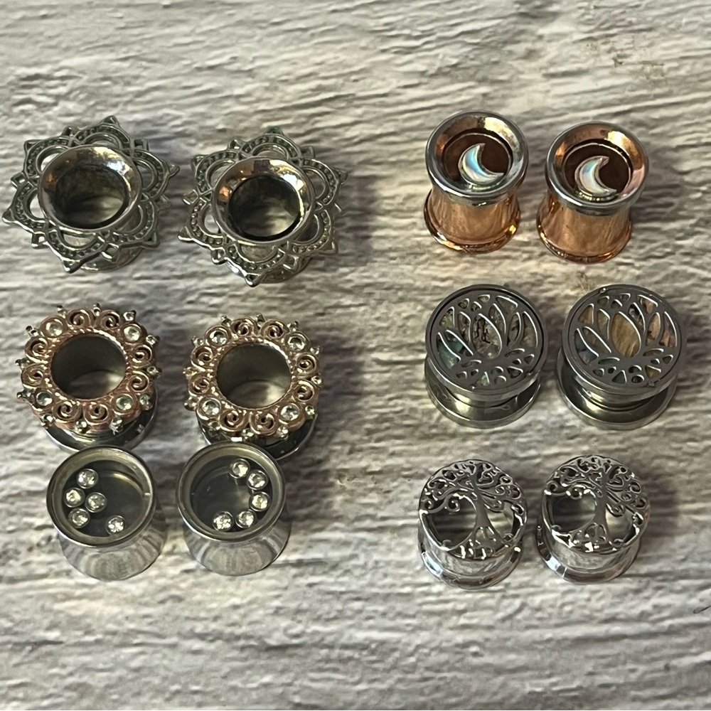Silver & Gold Tone Plug Earrings Set Of 6